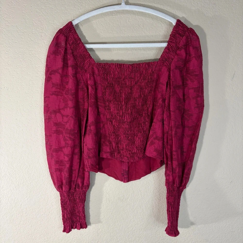 Anthropologie Pink Floral Ruffle Blouse Smocked Puff Sleeve Sz XS Cottagecore